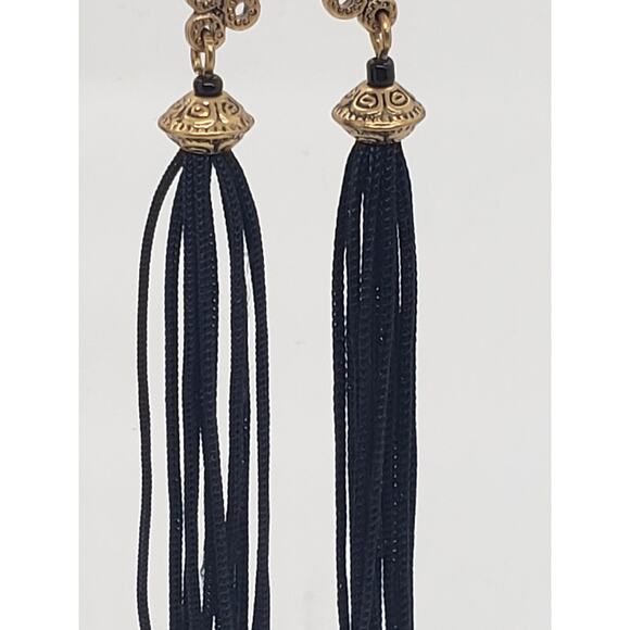 Asian Inspired Dangle Earrings Gold Tone Black Tassel Long Drop Pierced Fringe - Picture 9 of 12
